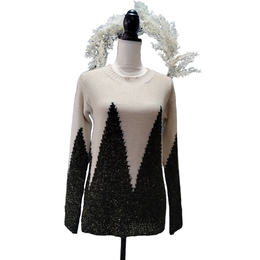 Chunky‎ Knit Christmas Sweater Metallic Black Cream Gold Crew Neck Cotton Trees
